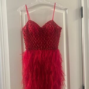 Jovani Red Beaded Feather Mini Dress